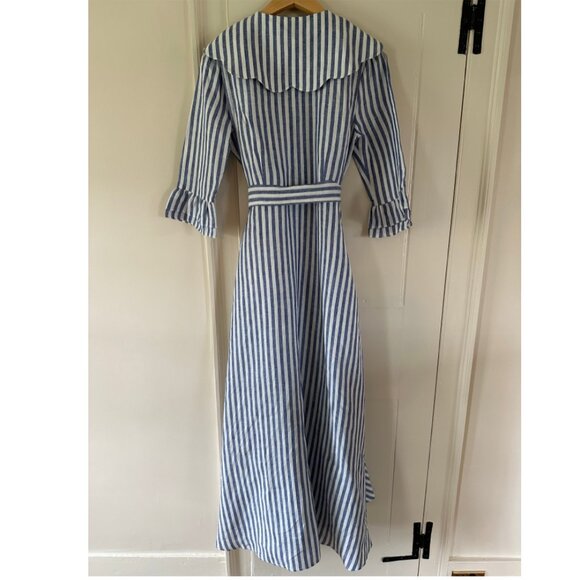 Behida Dolic Striped Blue and White Linen Dress w/ Peter Pan Collar - Picture 2 of 3